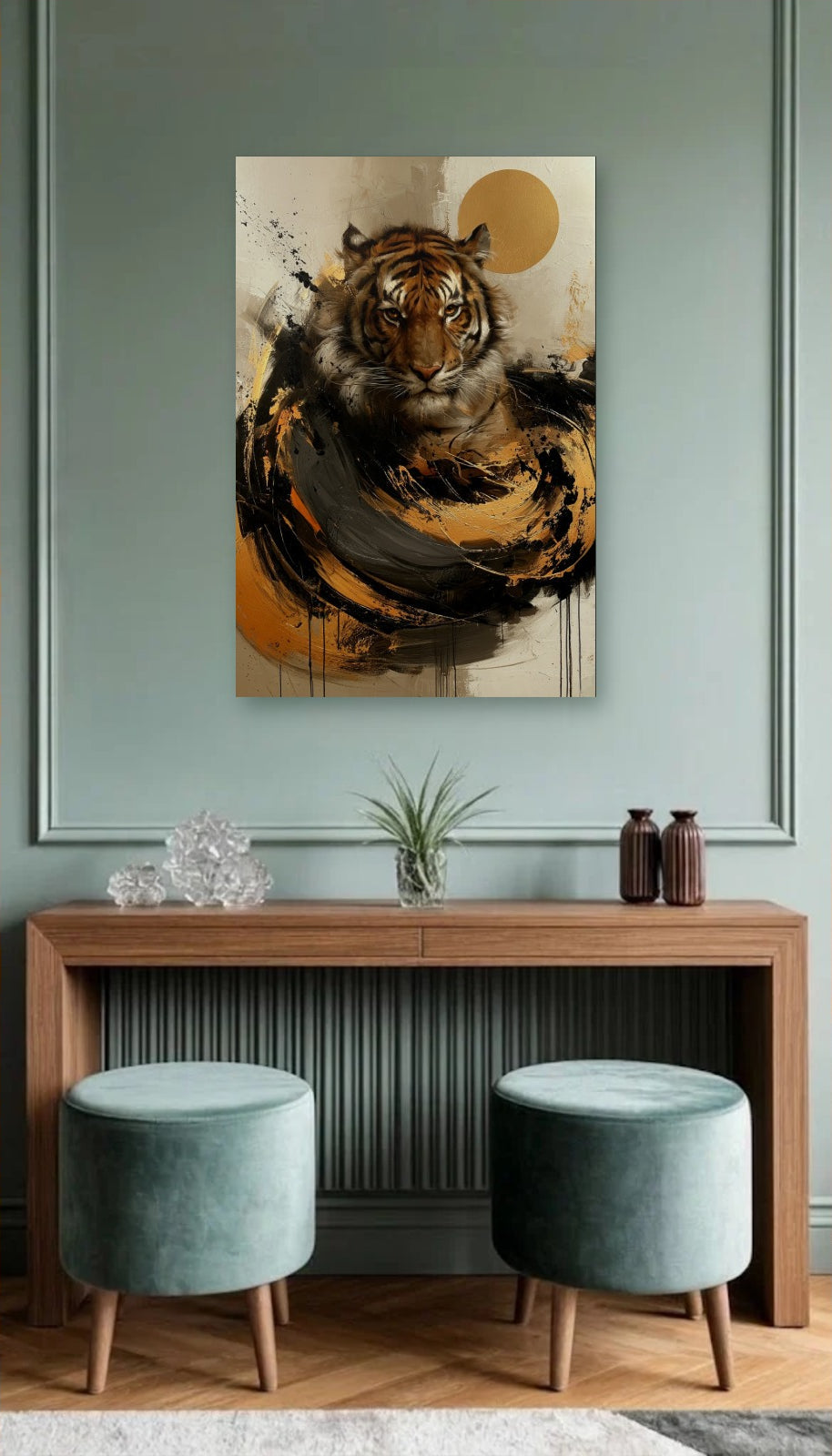 Wild Art acrylic wall art above a wooden console