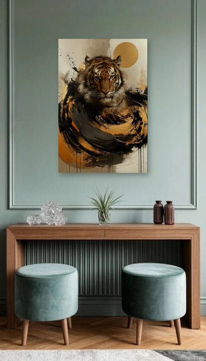 Wild Art acrylic wall art above a wooden console
