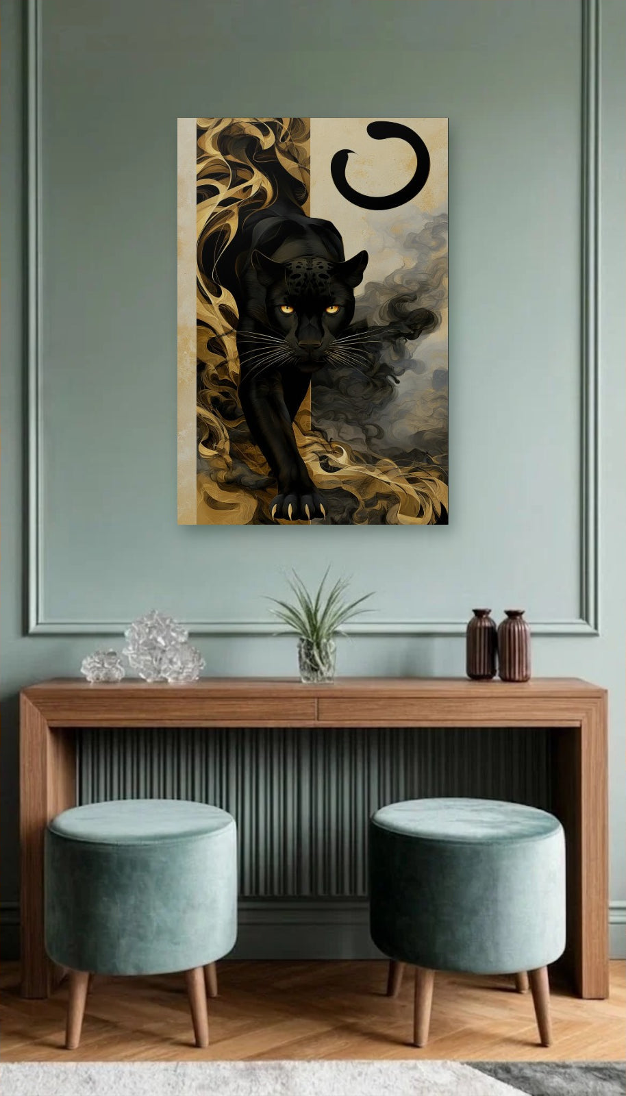 Wild Art acrylic wall art above a wooden console