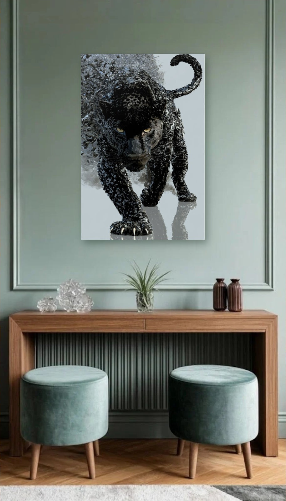 Wild Art acrylic wall art above a wooden console