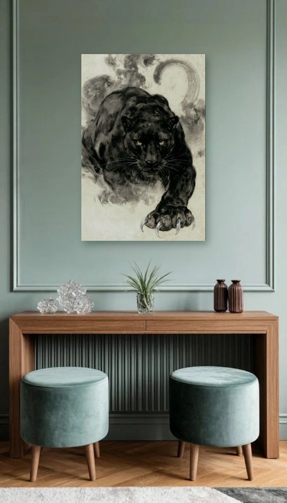 Wild Art acrylic wall art above a wooden console