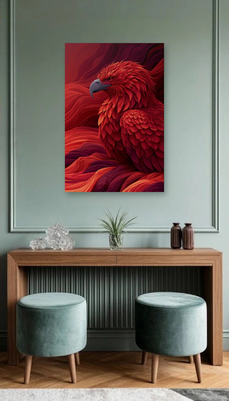 Wild Art acrylic wall art above a wooden console
