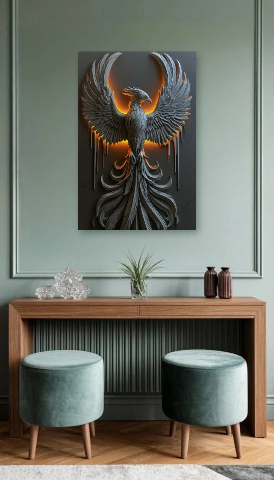Wild Art acrylic wall art above a wooden console
