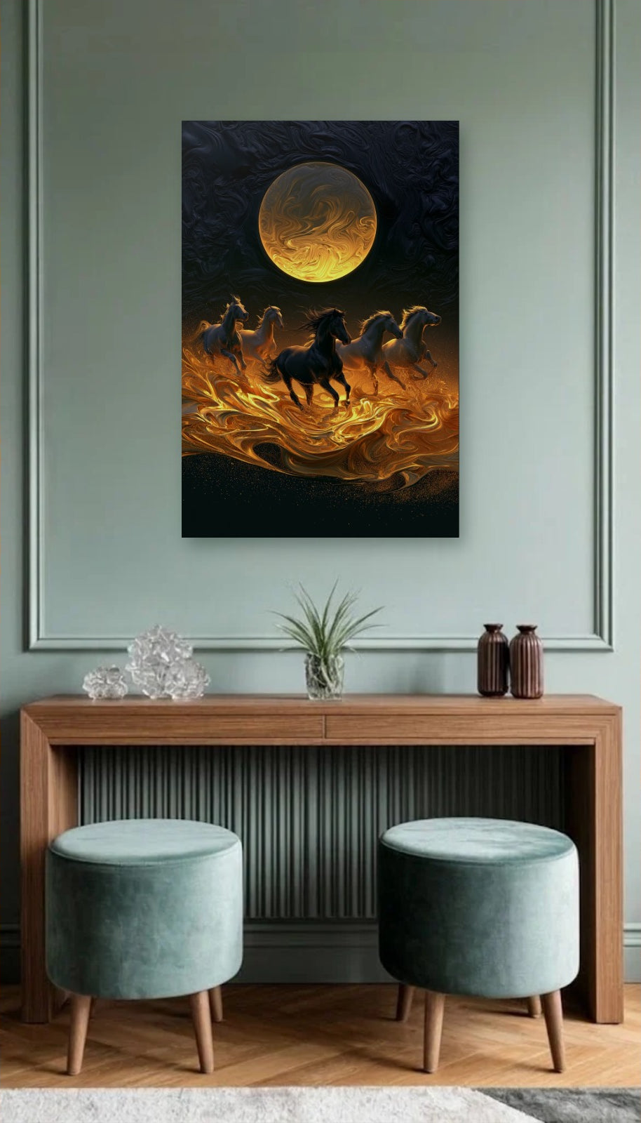 Wild Art acrylic wall art above a wooden console