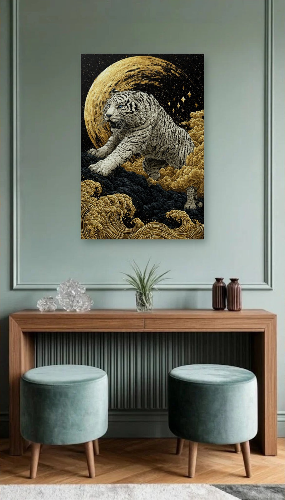 Wild Art acrylic wall art above a wooden console