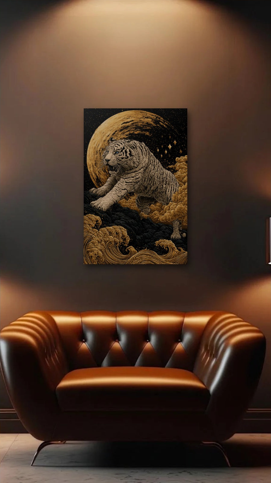 Wild Art acrylic wall art above a leather armchair