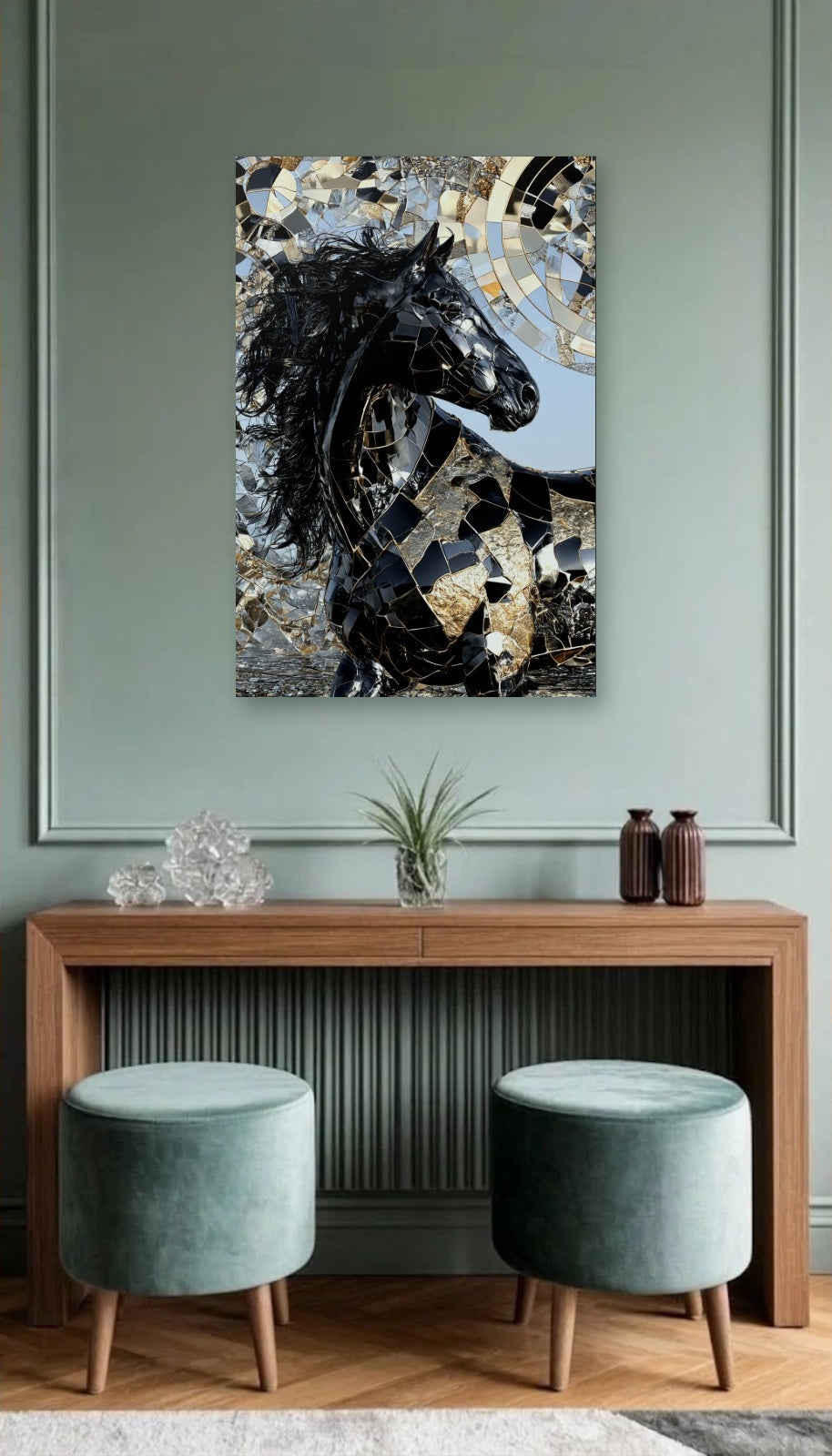 Wild Art acrylic wall art above a wooden console