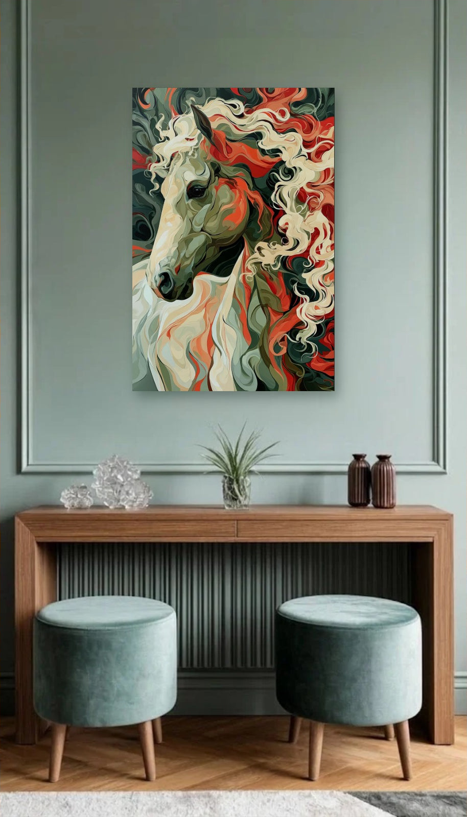 Wild Art acrylic wall art above a wooden console