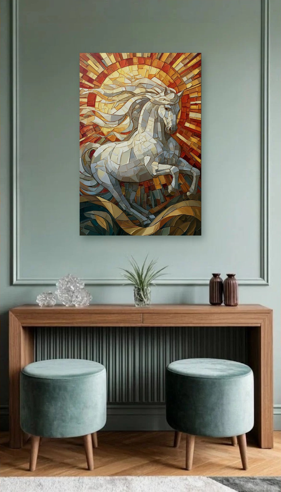 Wild Art acrylic wall art above a wooden console