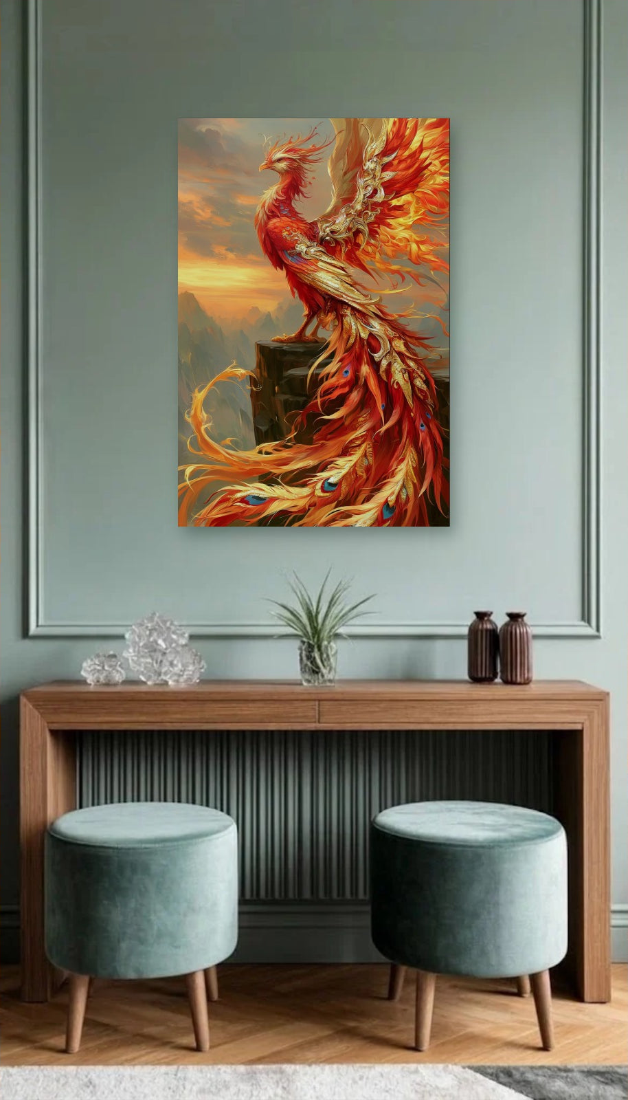 Wild Art acrylic wall art above a wooden console