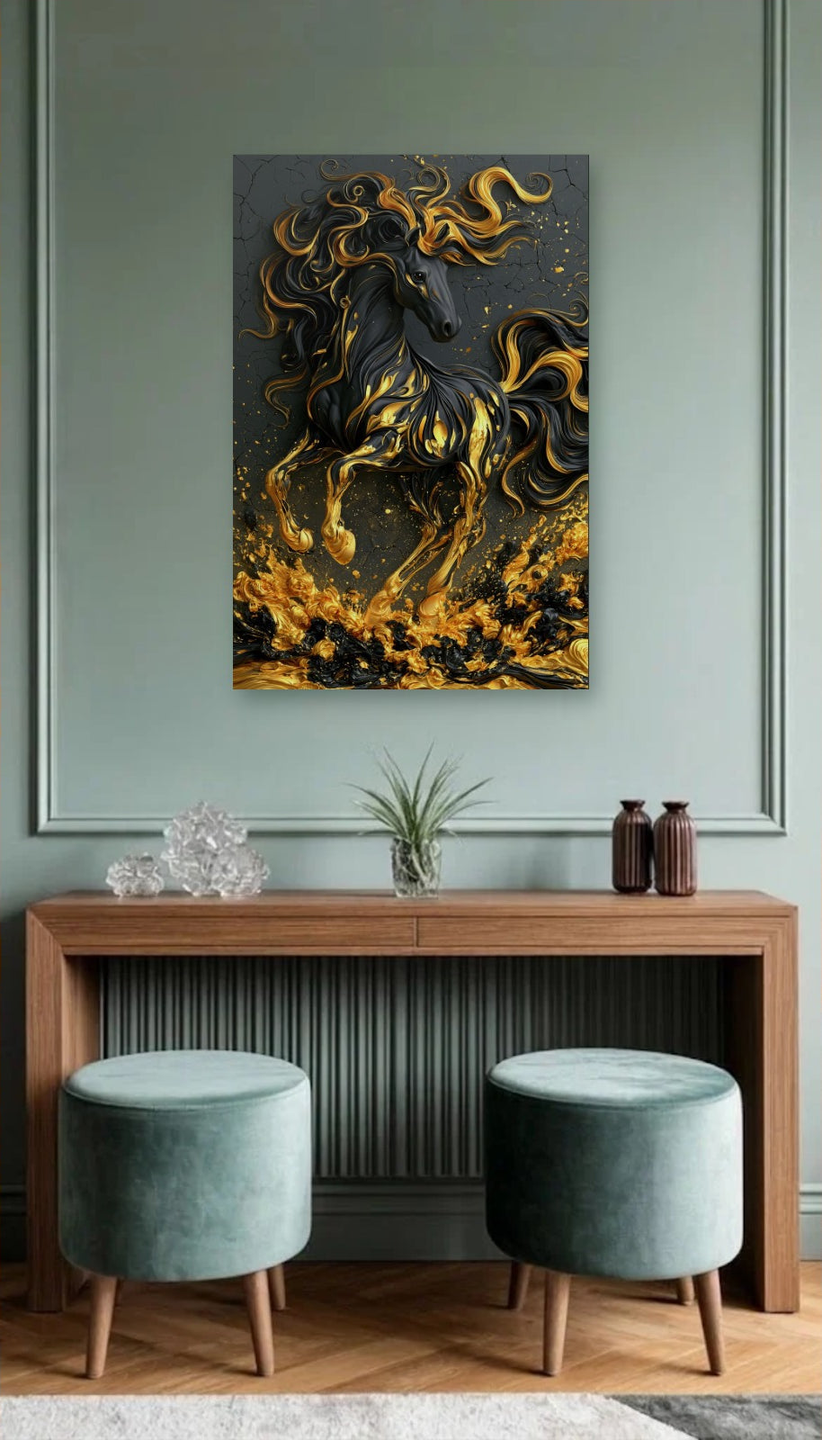 Wild Art acrylic wall art above a wooden console