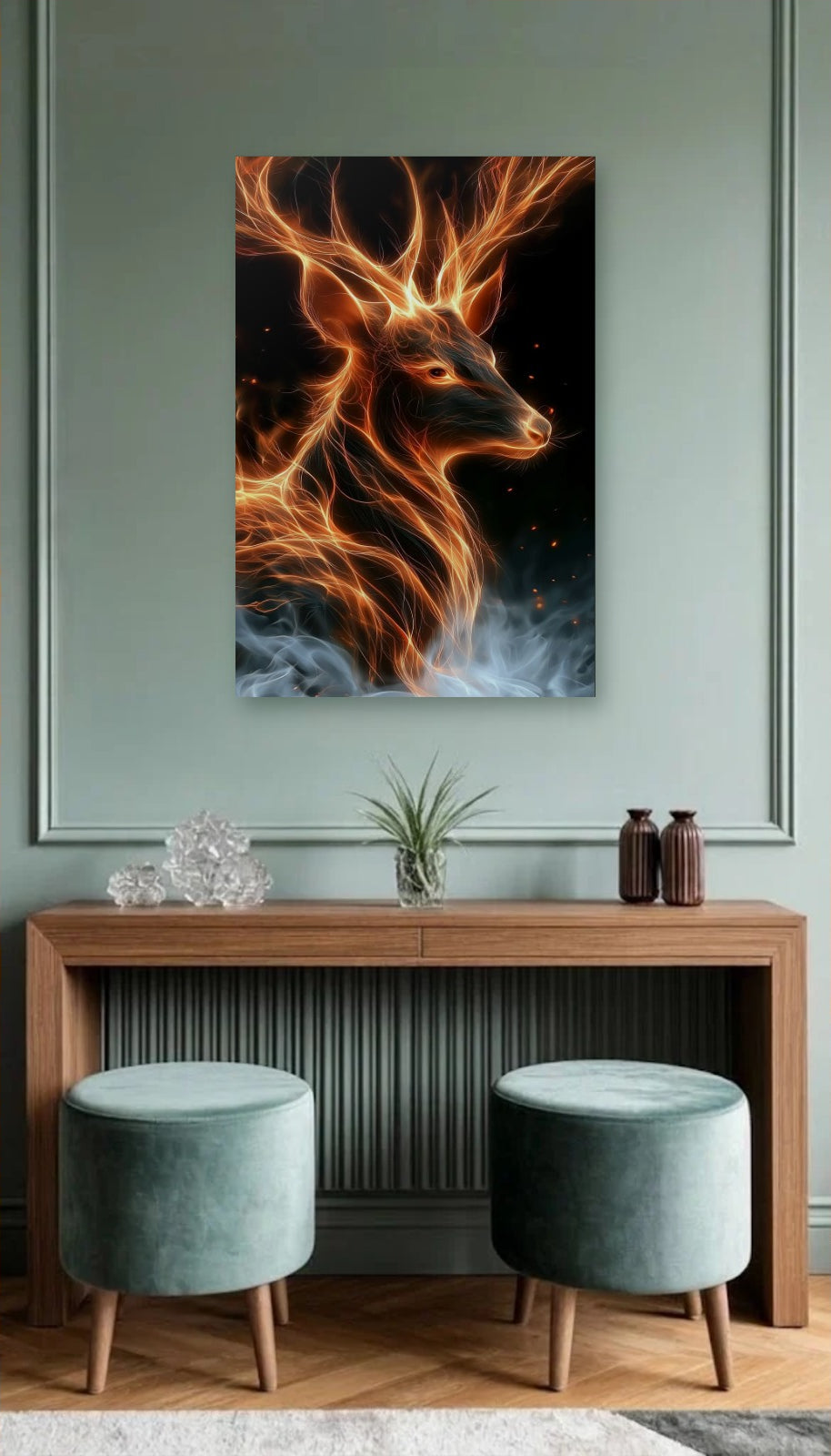 Wild Art acrylic wall art above a wooden console