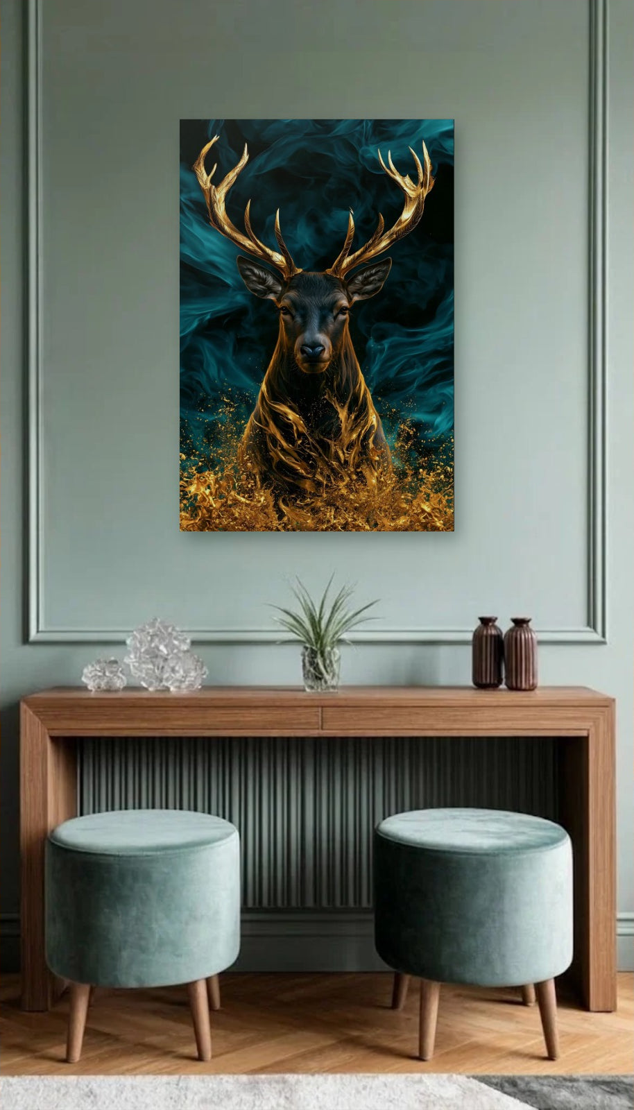 Wild Art acrylic wall art above a wooden console