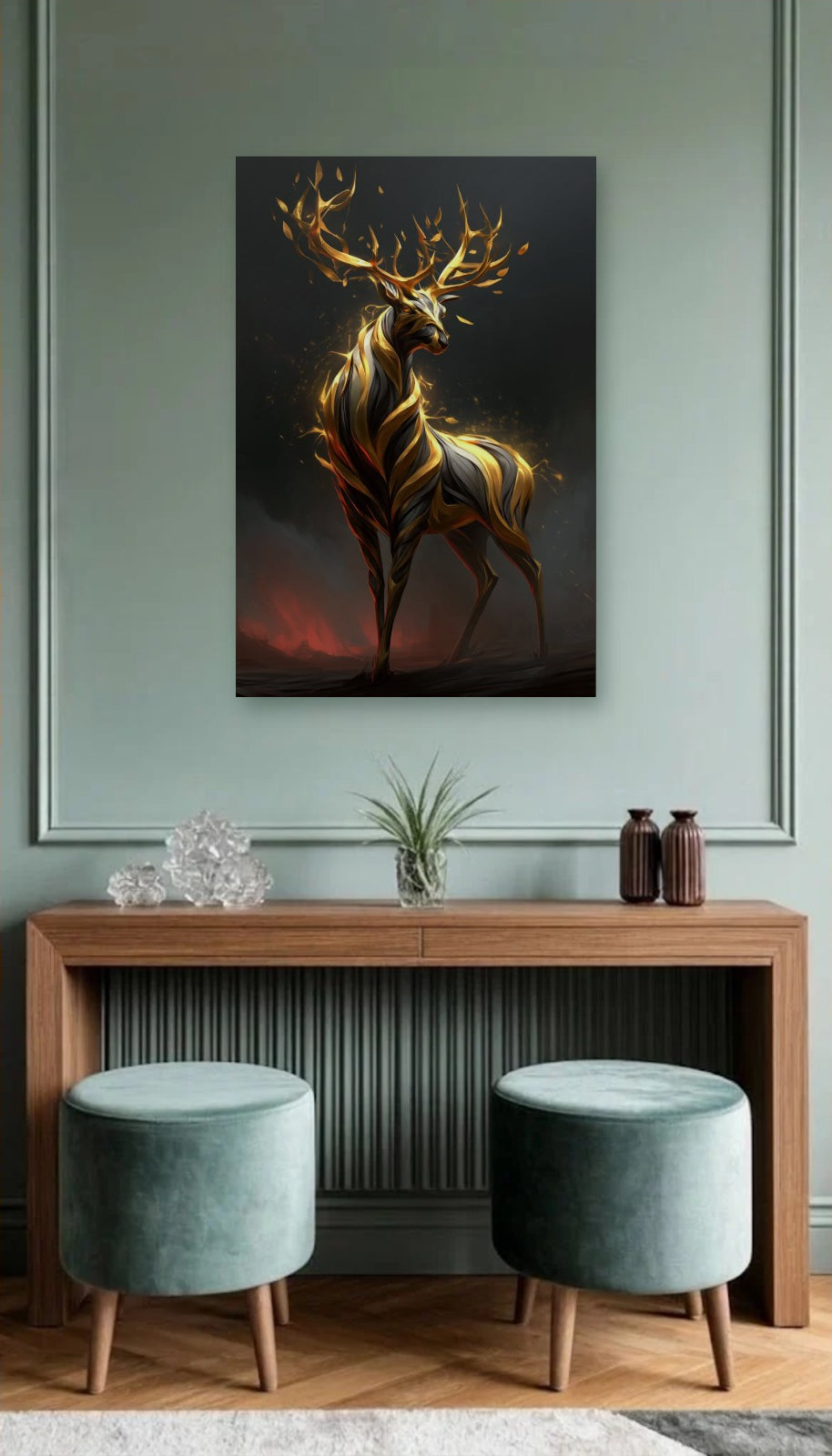 Wild Art acrylic wall art above a wooden console