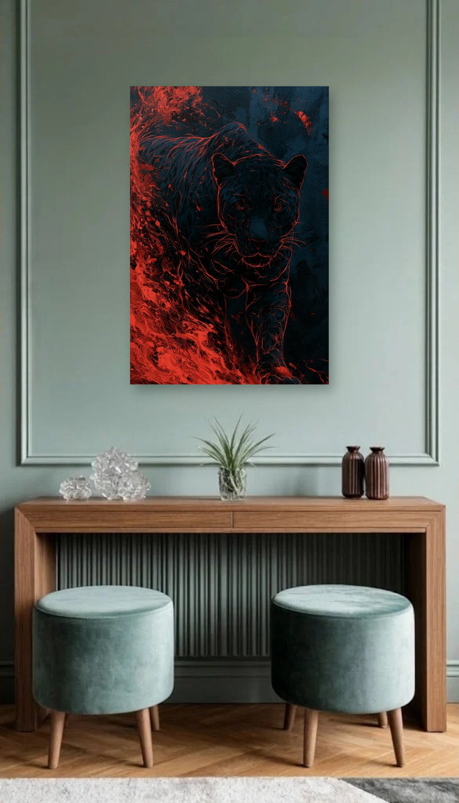 Wild Art acrylic wall art above a wooden console