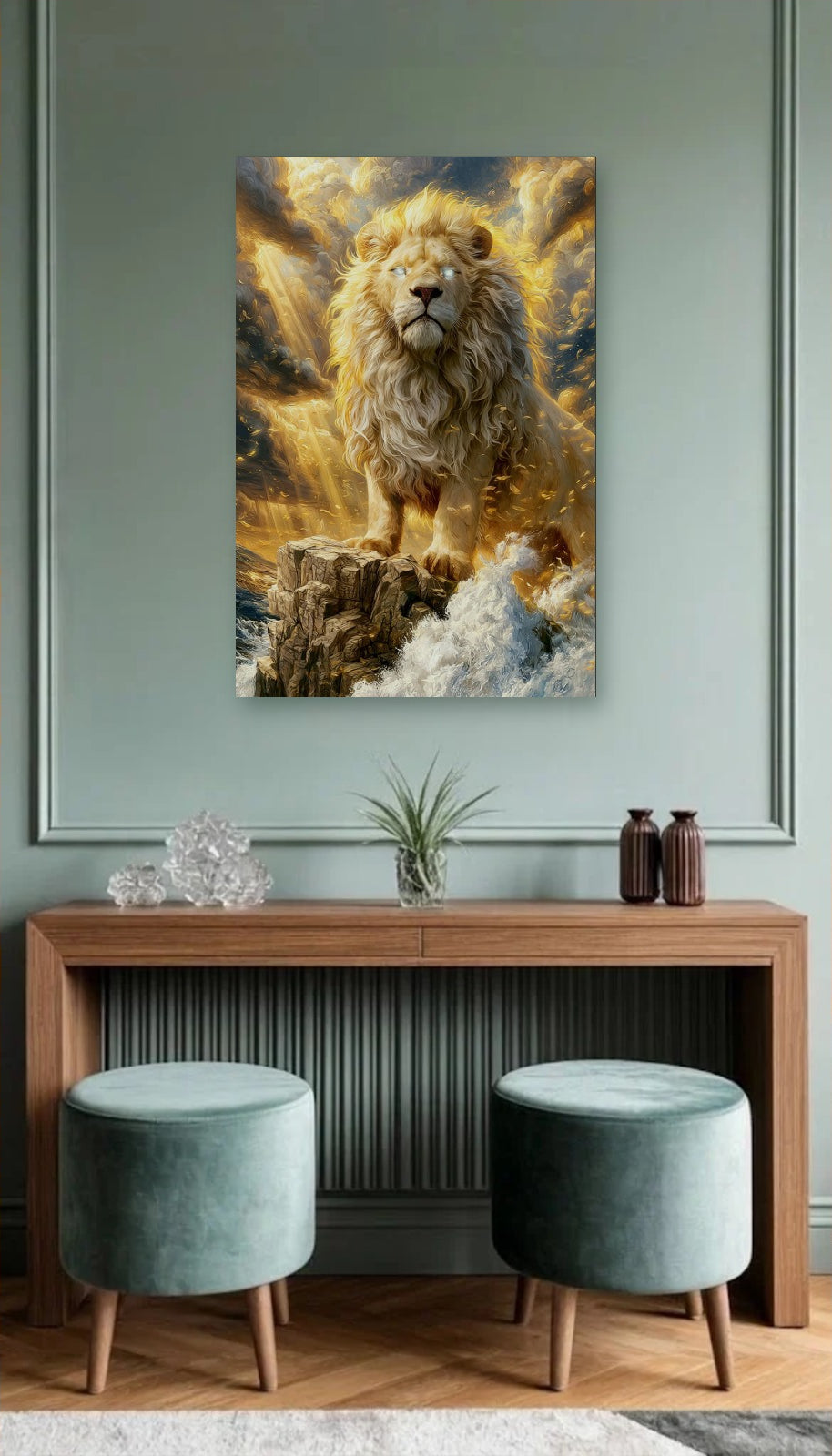 Wild Art acrylic wall art above a wooden console