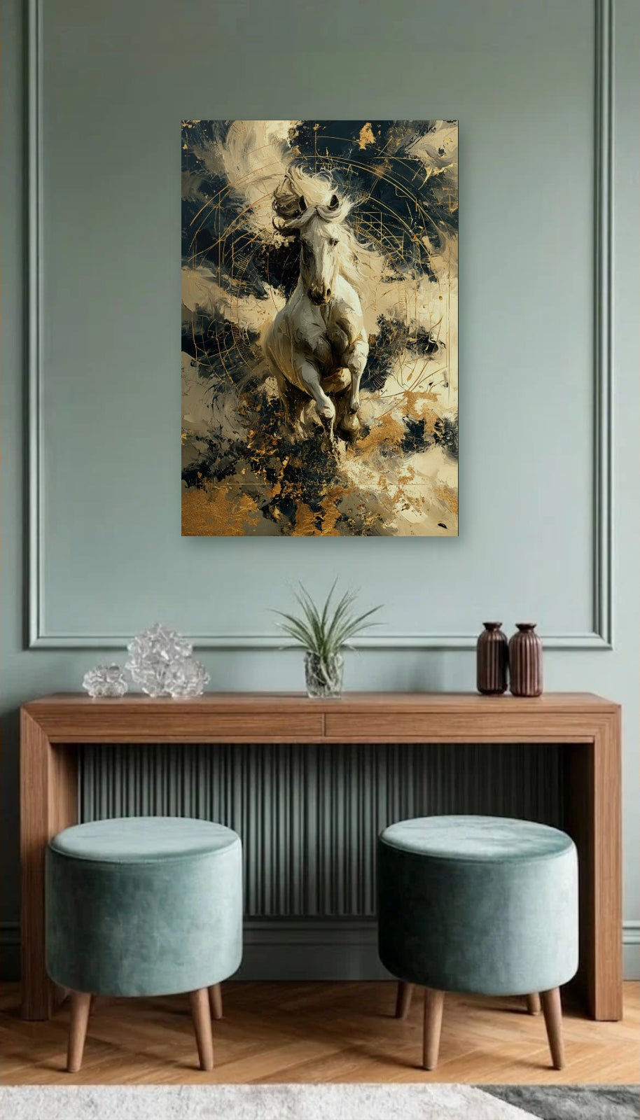 Wild Art acrylic wall art above a wooden console