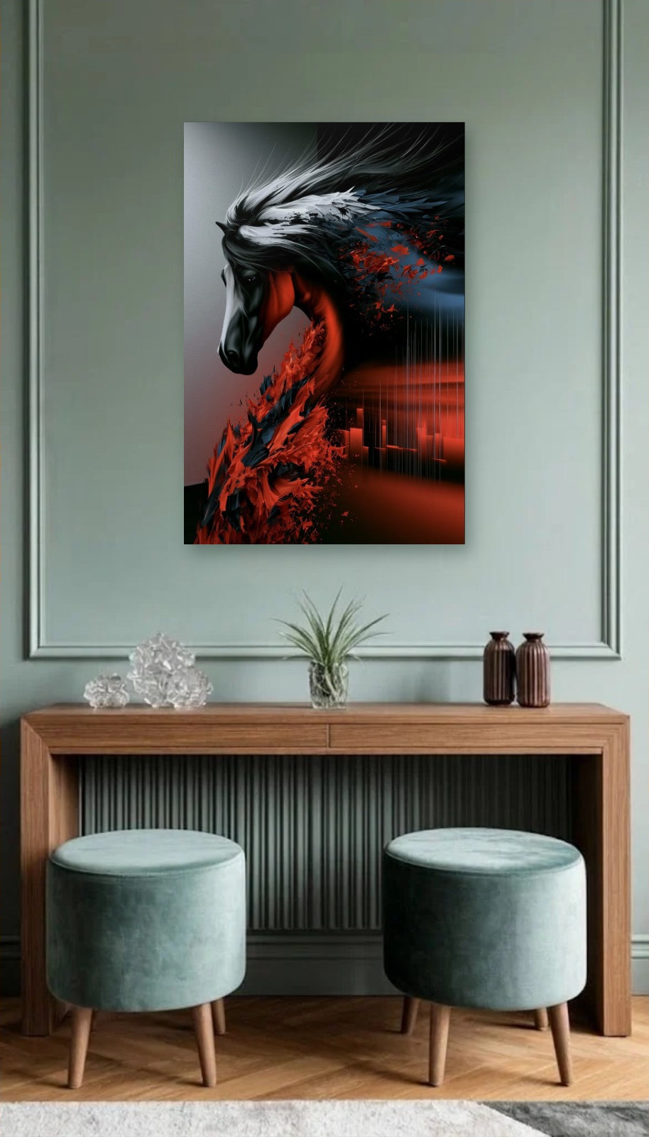Wild Art acrylic wall art above a wooden console