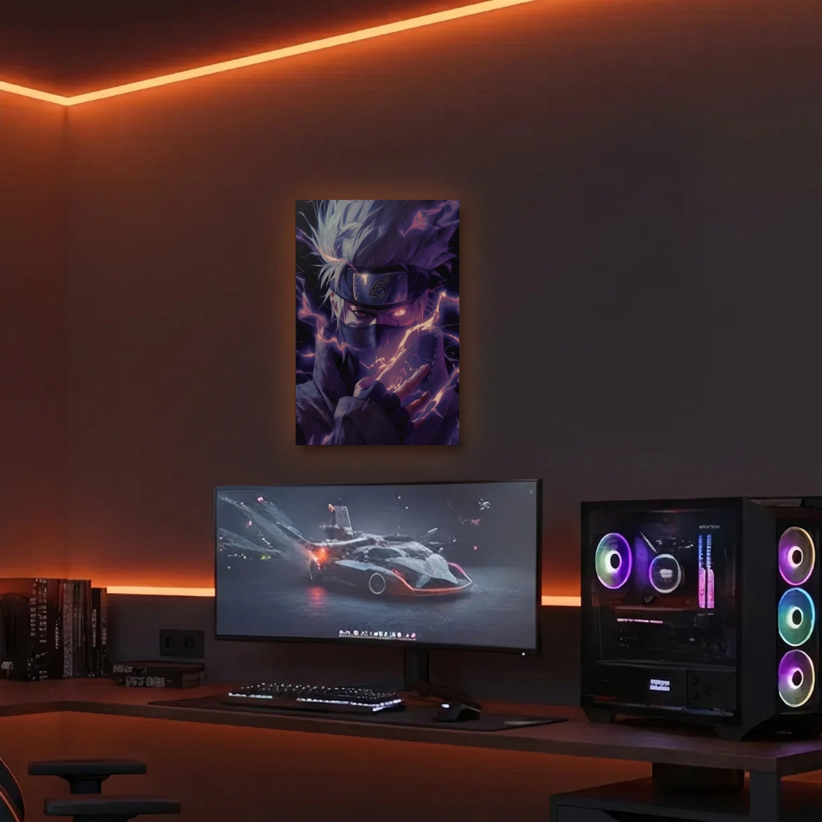Anime Art acrylic wall art in an orange LED gaming room