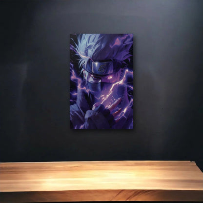 Anime Art glossy acrylic art above a wooden shelf