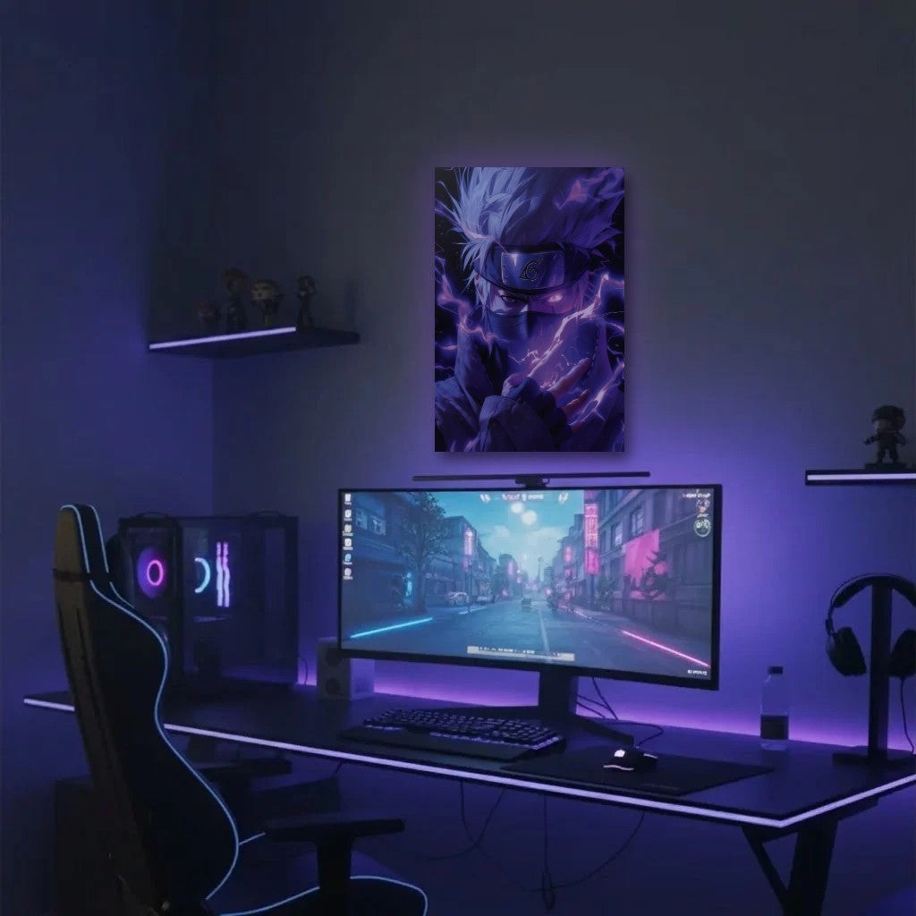Anime Art acrylic wall art in a purple gaming setup