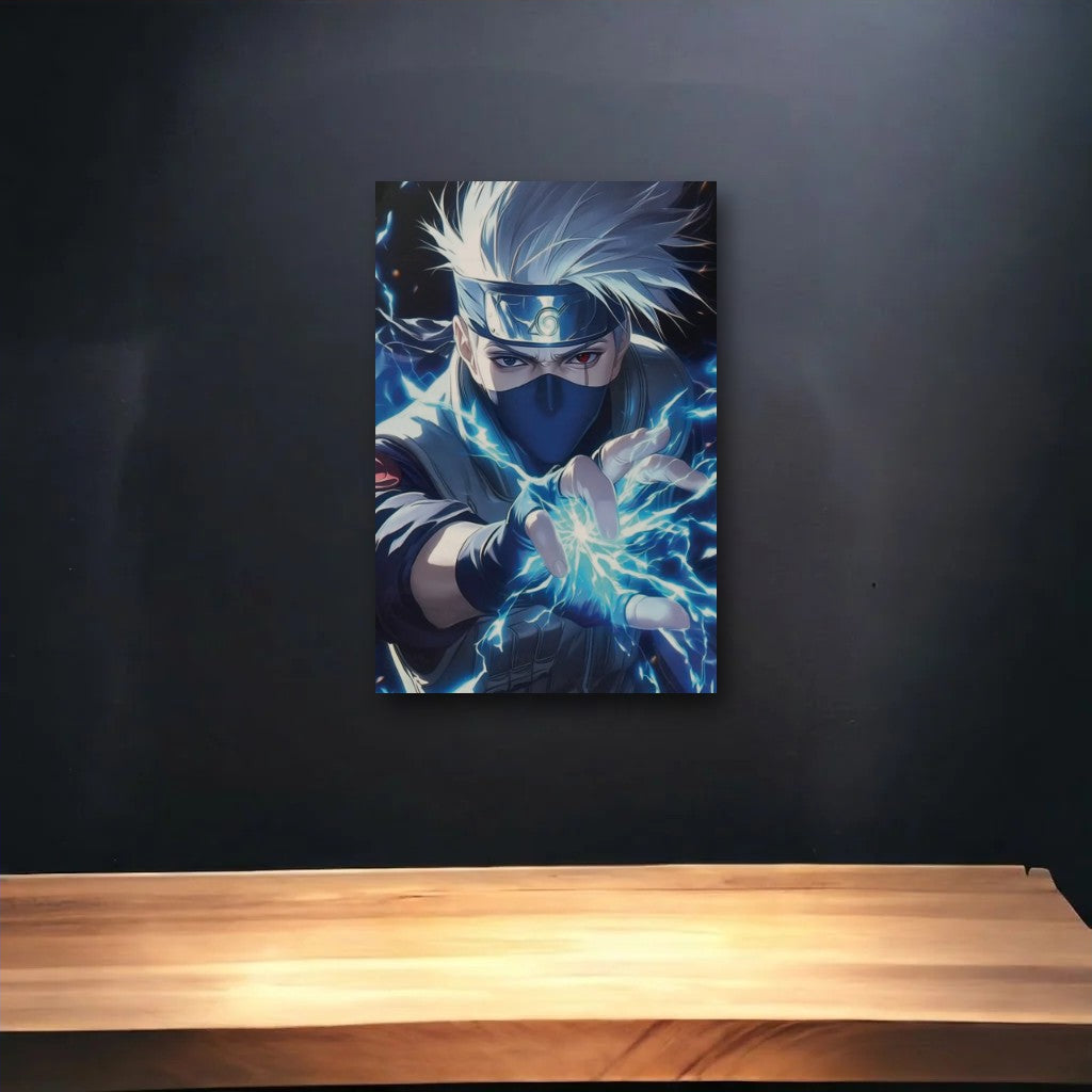 Anime Art glossy acrylic art above a wooden shelf
