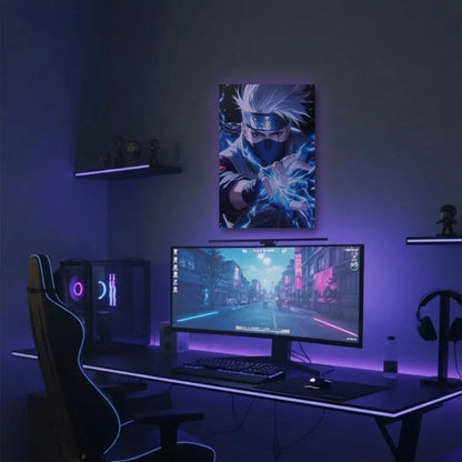 Anime Art acrylic wall art in a purple gaming setup