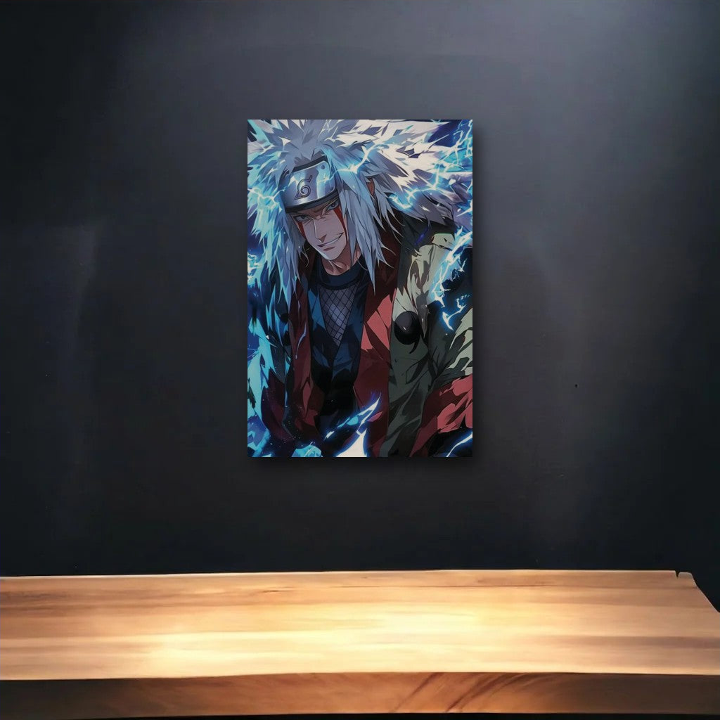 Anime Art glossy acrylic art above a wooden shelf