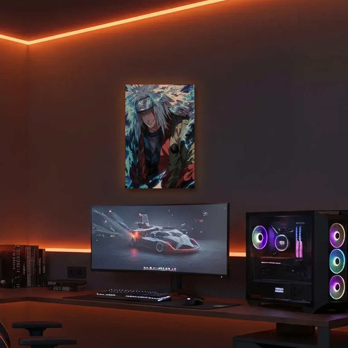 Anime Art acrylic wall art in an orange LED gaming room