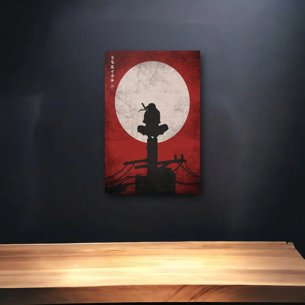Anime Art glossy acrylic art above a wooden shelf