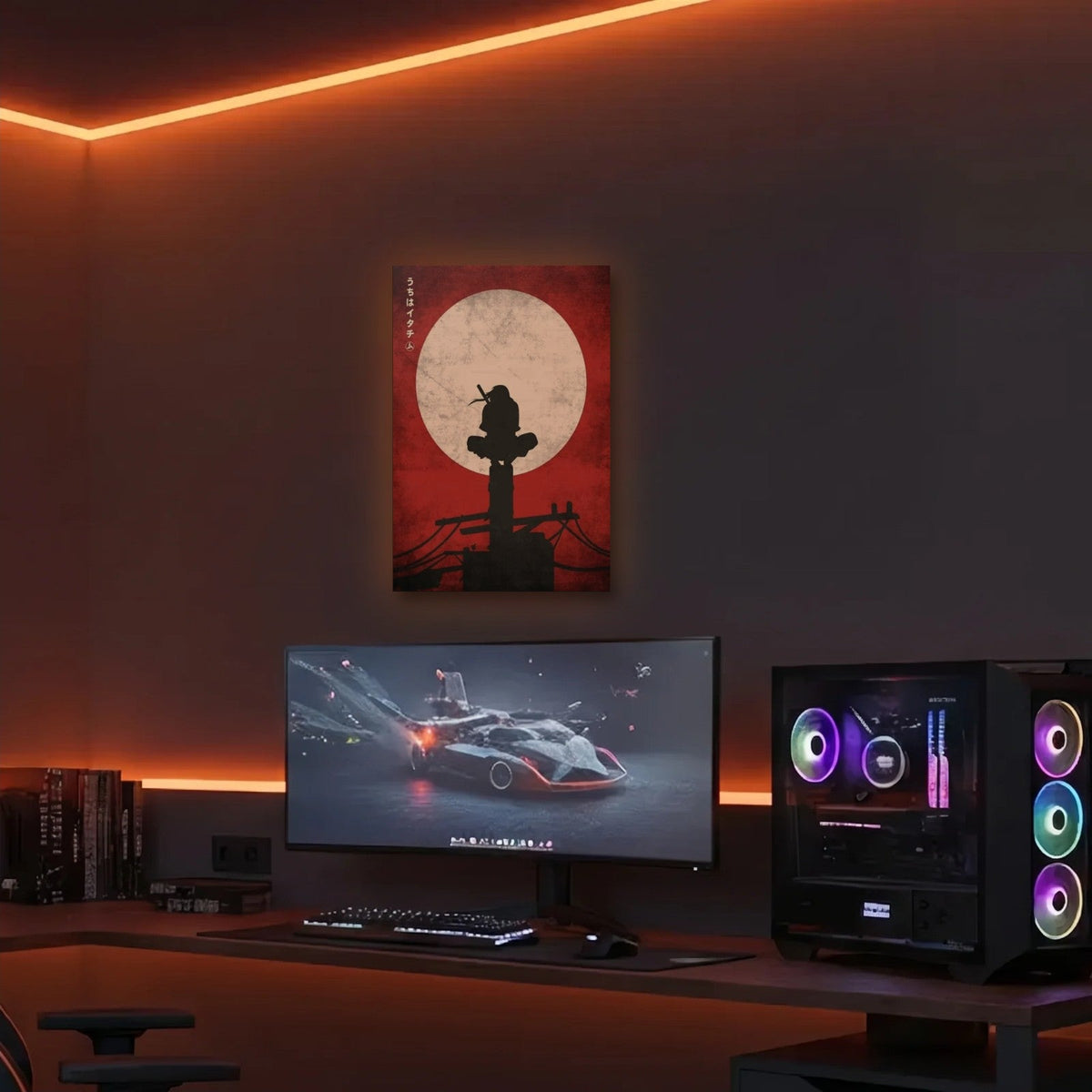Anime Art acrylic wall art in an orange LED gaming room