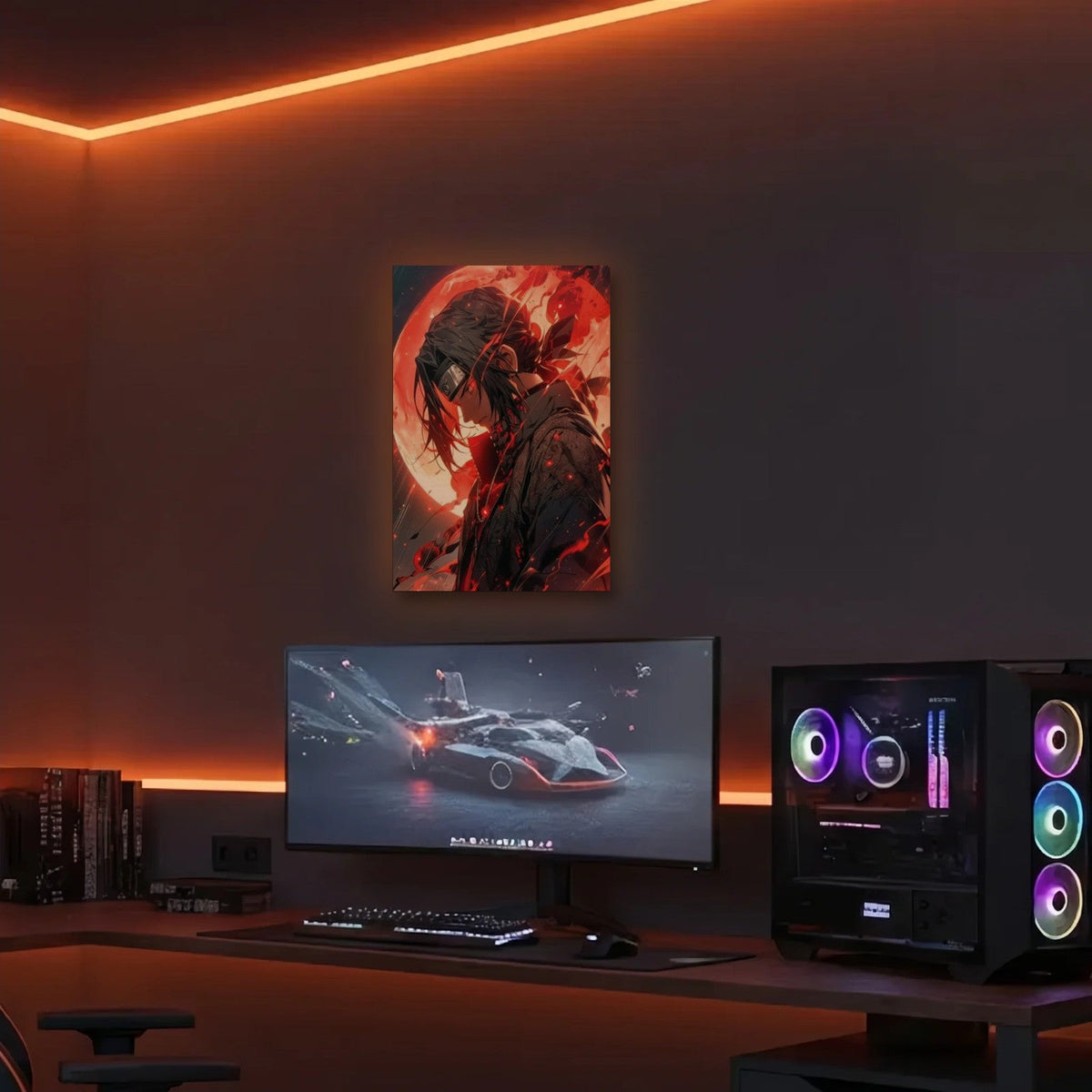 Anime Art acrylic wall art in an orange LED gaming room