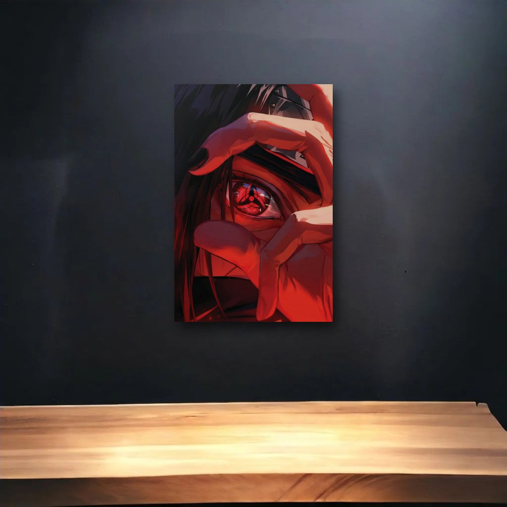 Anime Art glossy acrylic art above a wooden shelf