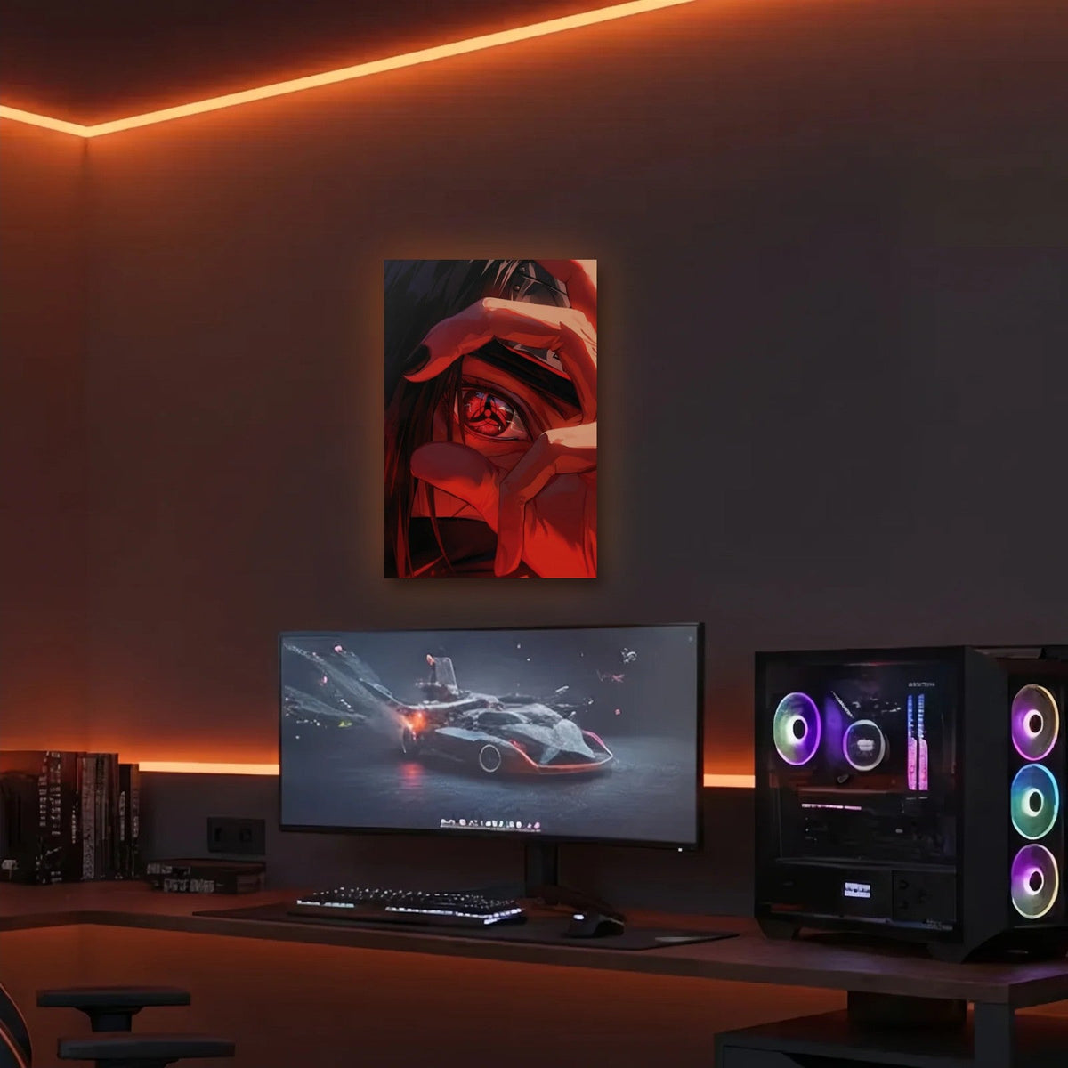 Anime Art acrylic wall art in an orange LED gaming room