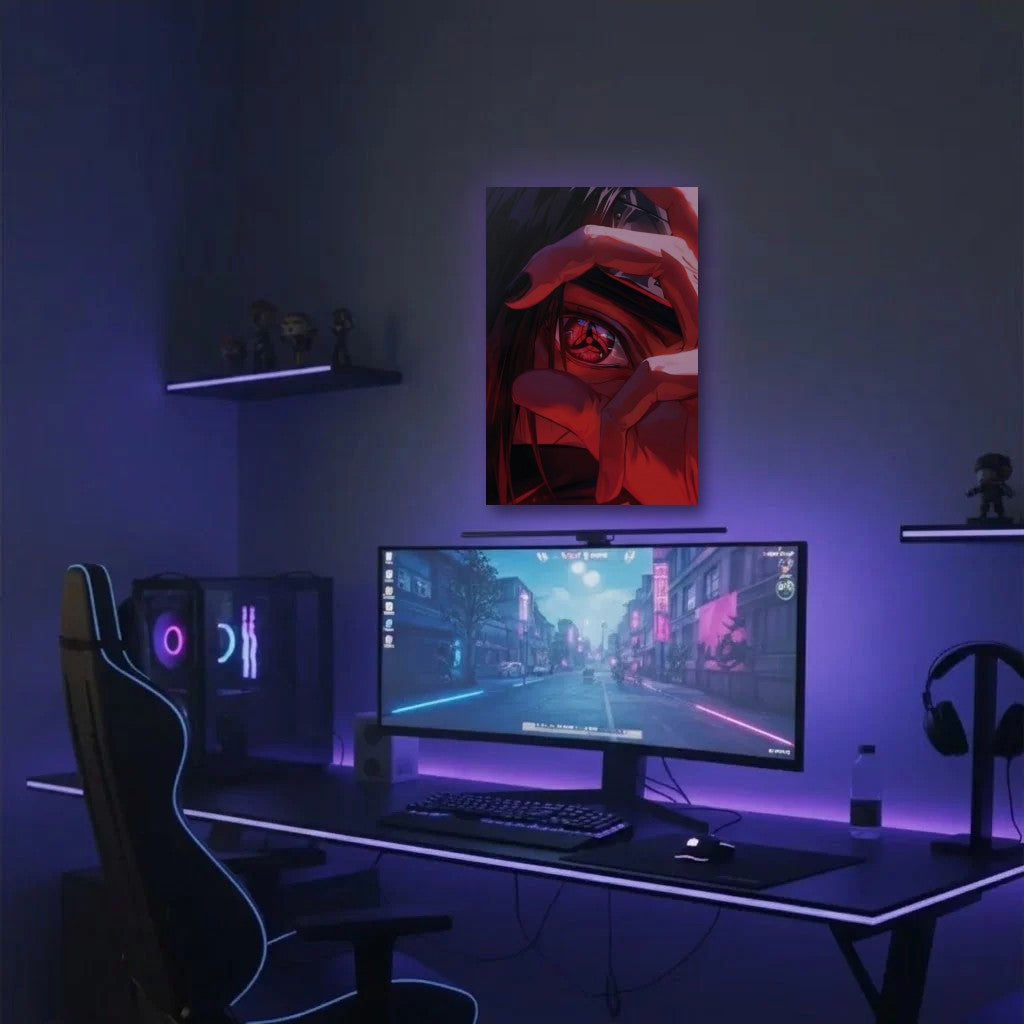 Anime Art acrylic wall art in a purple gaming setup