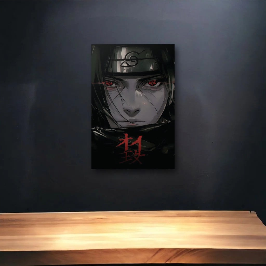 Anime Art glossy acrylic art above a wooden shelf