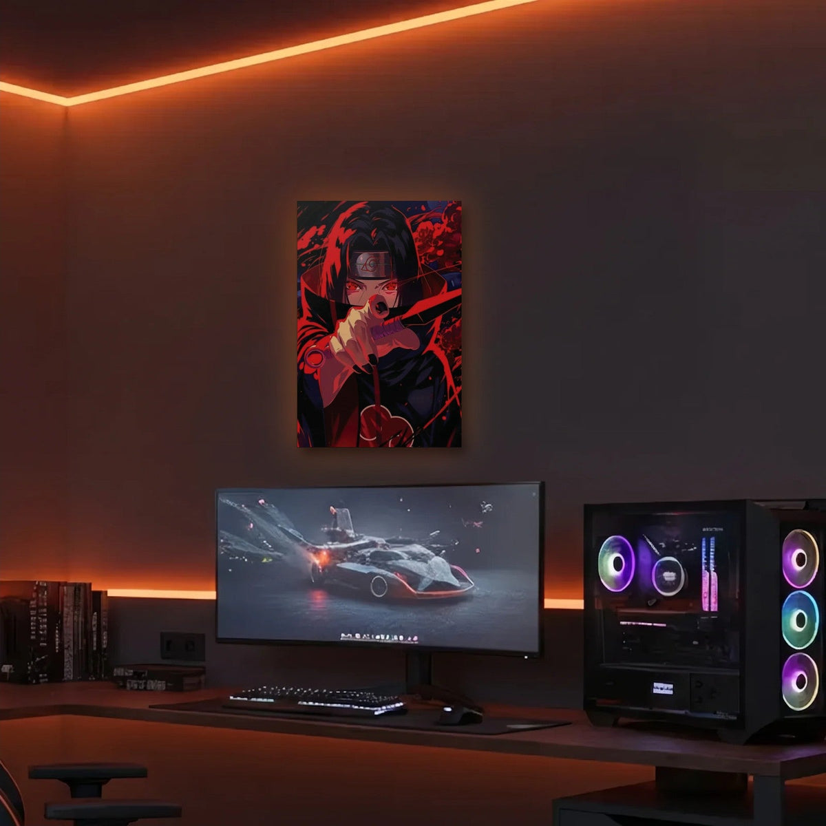 Anime Art acrylic wall art in an orange LED gaming room