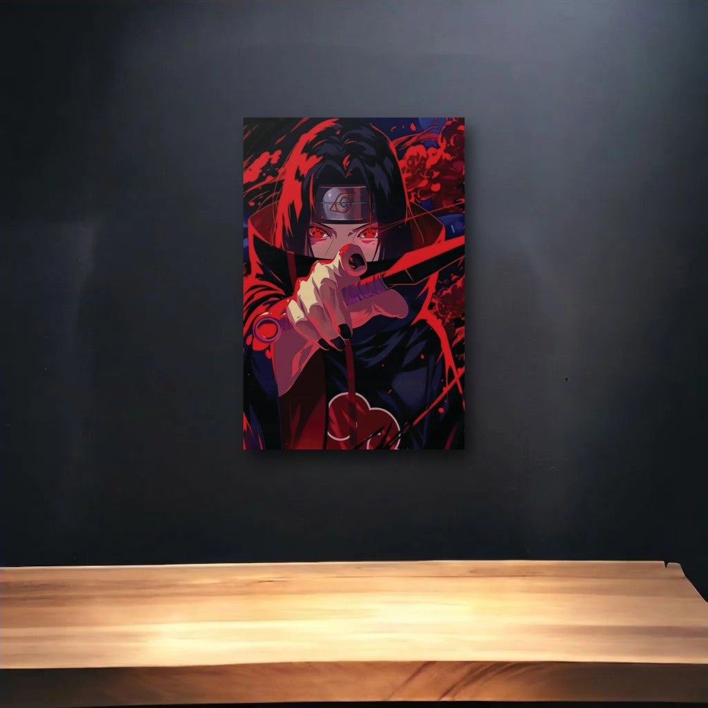 Anime Art glossy acrylic art above a wooden shelf