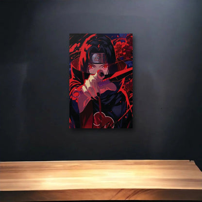 Anime Art glossy acrylic art above a wooden shelf