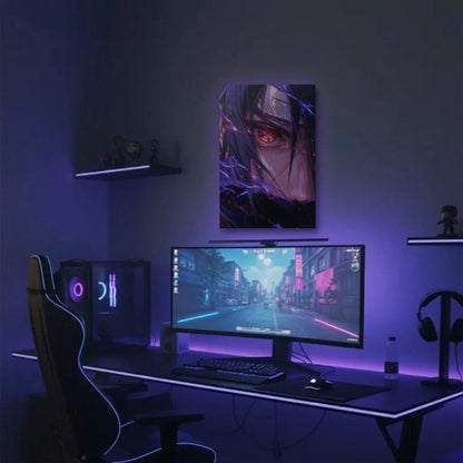 Anime Art acrylic wall art in a purple gaming setup