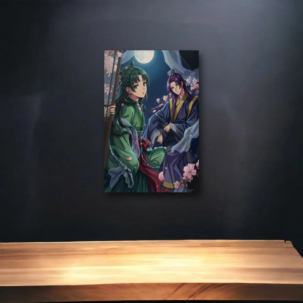 Anime Art glossy acrylic art above a wooden shelf