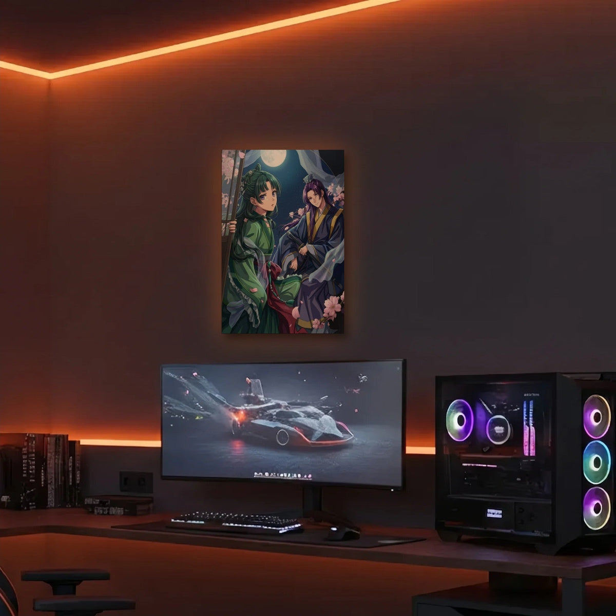 Anime Art acrylic wall art in an orange LED gaming room