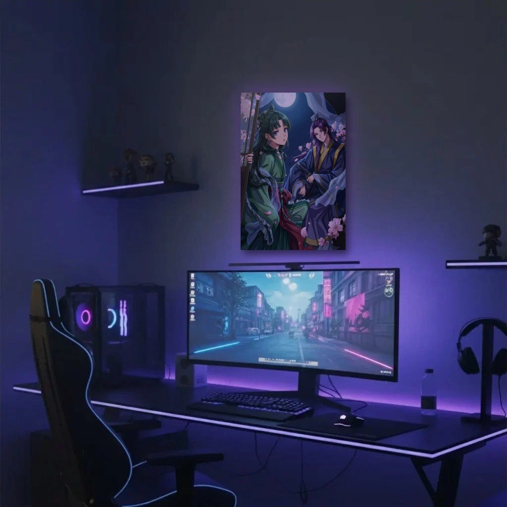 Anime Art acrylic wall art in a purple gaming setup