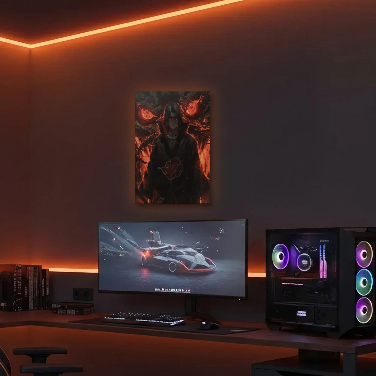 Anime Art acrylic wall art in an orange LED gaming room