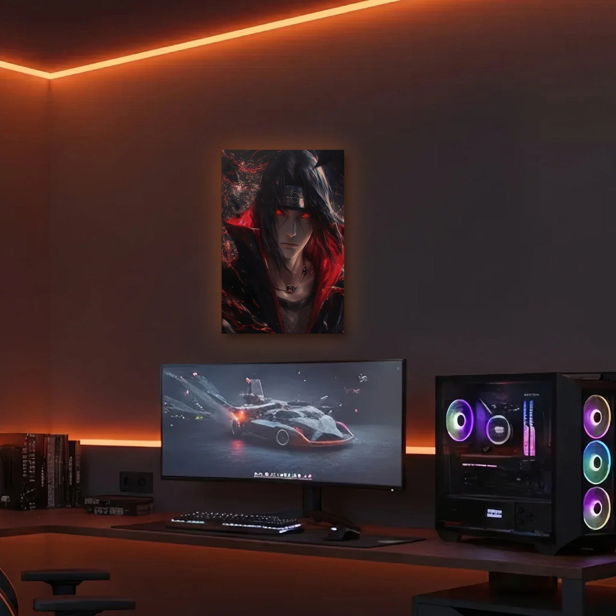Anime Art acrylic wall art in an orange LED gaming room