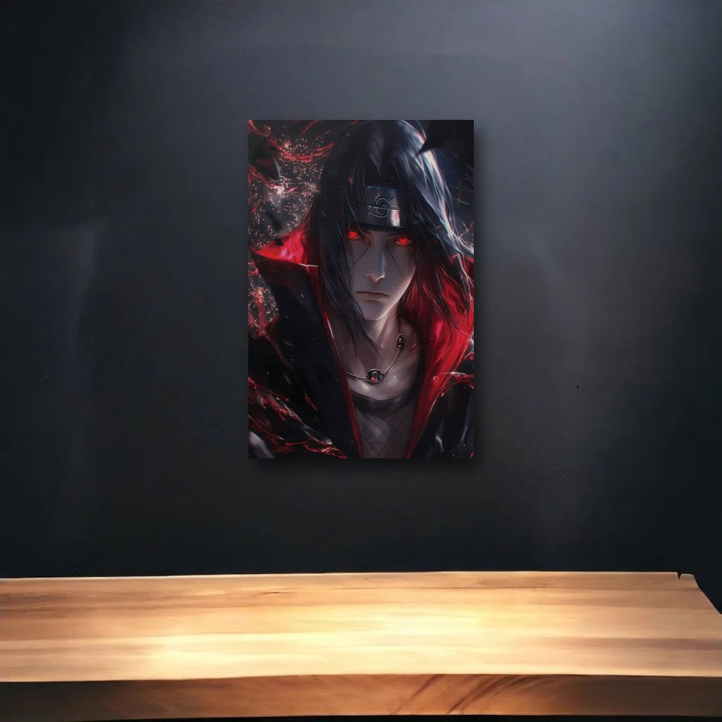 Anime Art glossy acrylic art above a wooden shelf
