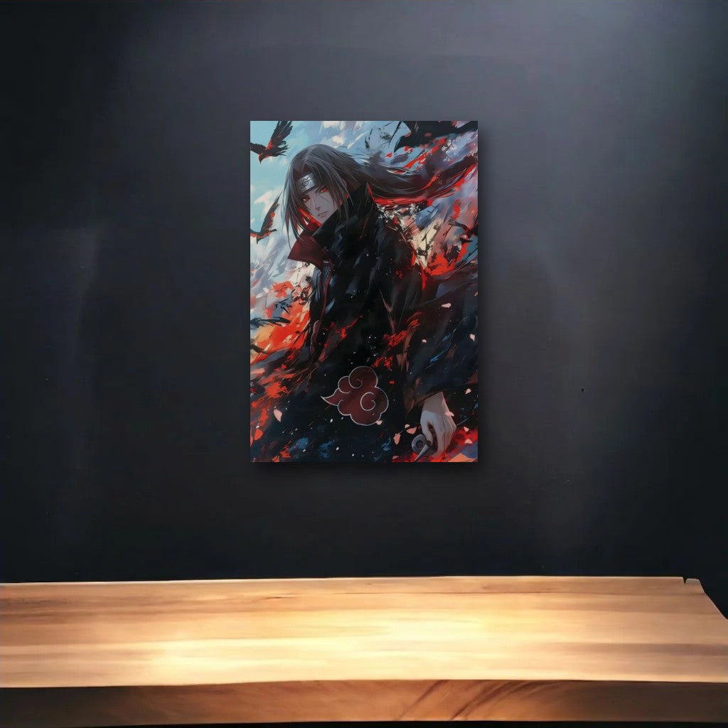 Anime Art glossy acrylic art above a wooden shelf
