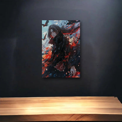 Anime Art glossy acrylic art above a wooden shelf