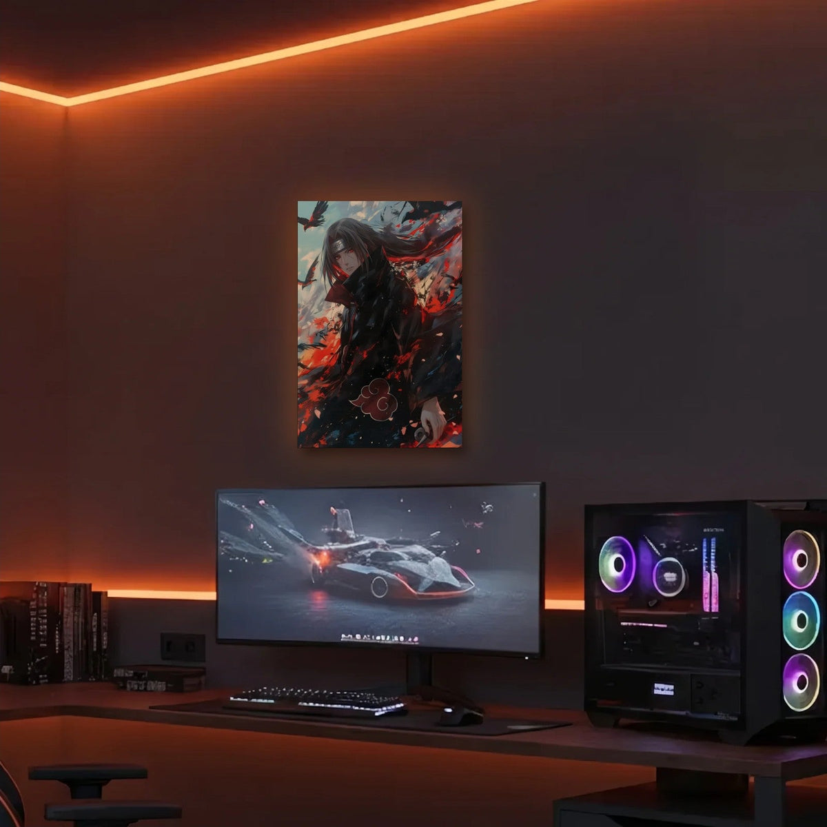 Anime Art acrylic wall art in an orange LED gaming room