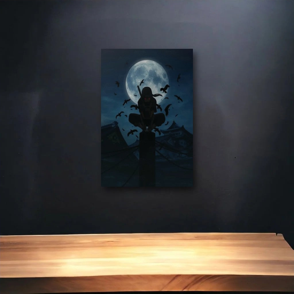 Anime Art glossy acrylic art above a wooden shelf